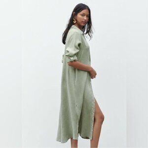 Zara 100% Linen Shirt Dress Long Sleeve Khaki Green Button Front